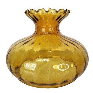 Vintage MCM Amber Ribbed Glass Empoli Ruffled Edge Hurricane Parlor Lampshade